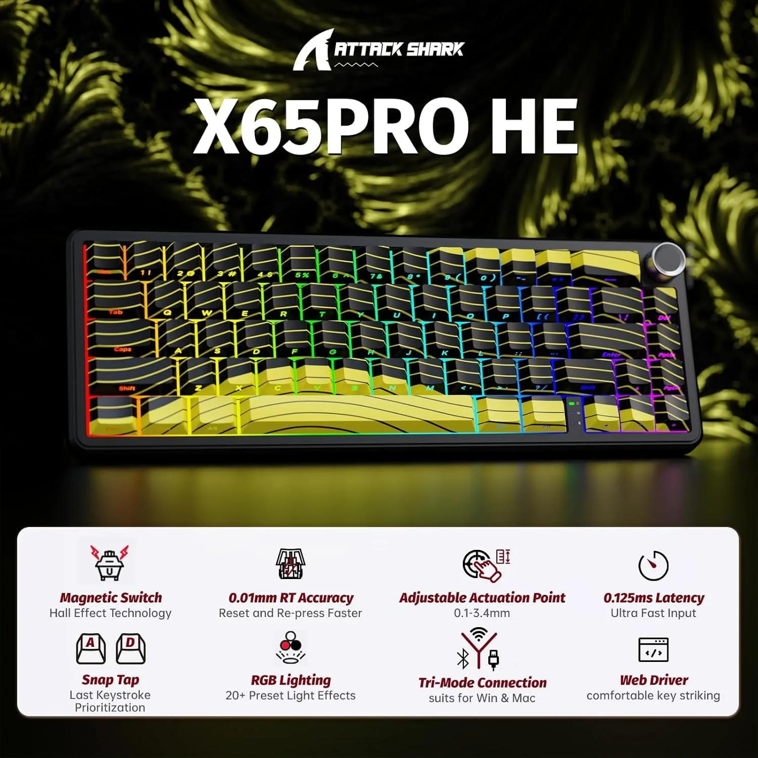attack shark x65 pro he yellow and black